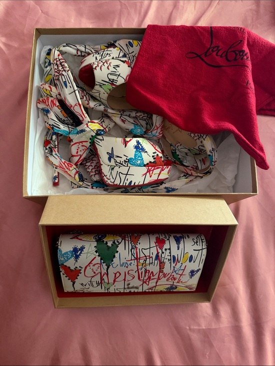 Christian Louboutin Handbags - Christian Louboutin White Graffiti Print Wedge Sandals and clutch bag